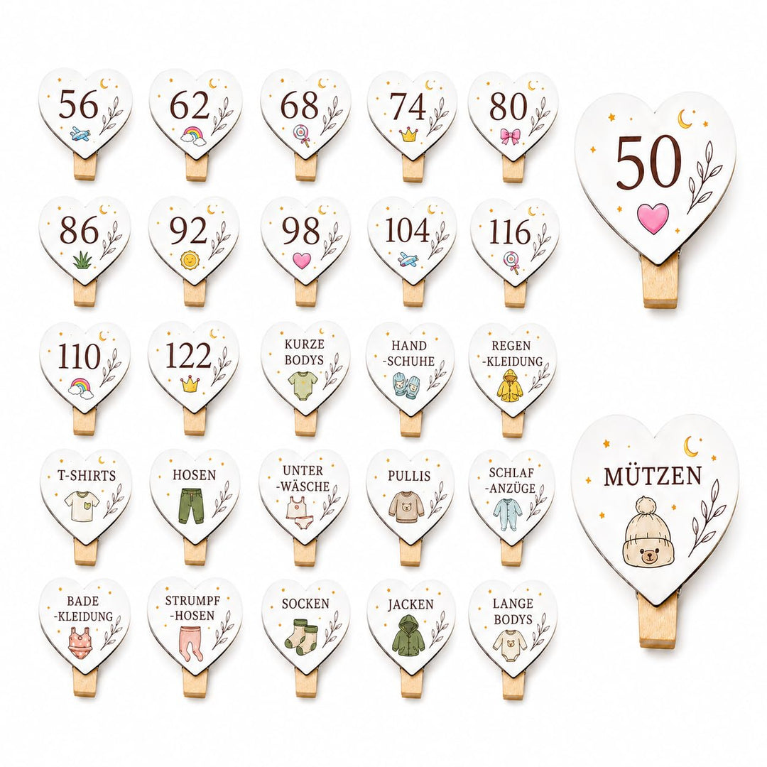 27 Stück Herzform Grössentrenner Baby, Grössenclips mit Gravur (50-122), B
