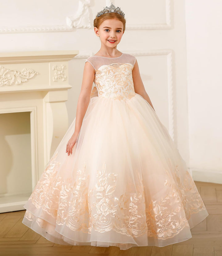 PLWEDDING Fancy Spitze Applikationen Blumenmädchen Kleid Kinder Hochzeitskleid Mädchen Prinzessin Tü