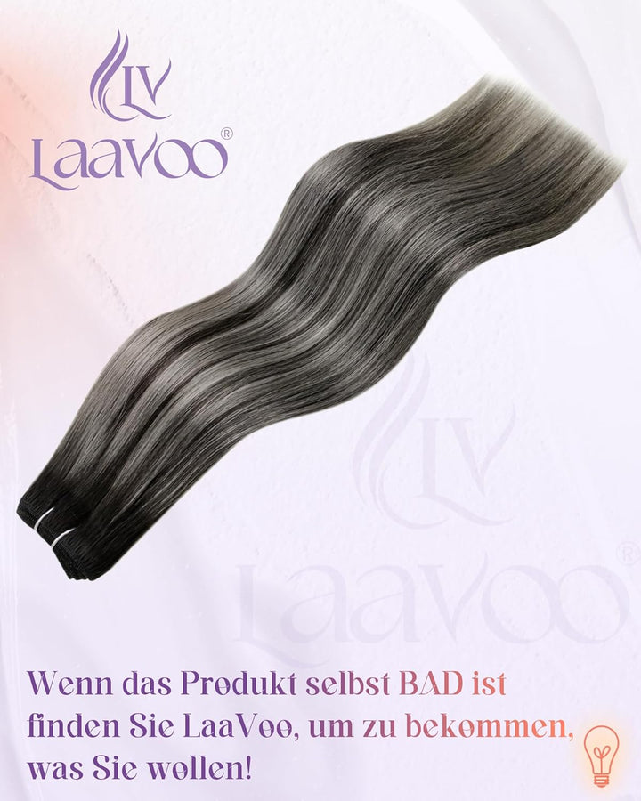 LaaVoo 55cm Extention Tressen Echthaar Balayage Schwarz Silber Sew in Tressen Echthaar zum Einnähen