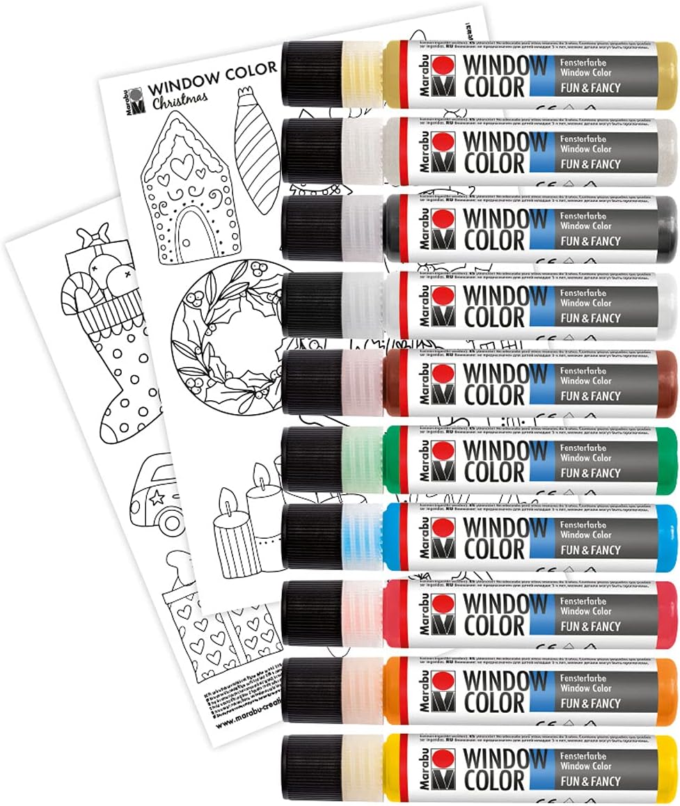 Marabu 0406000013894 - Window Color Christmas Set, 10 Fenstermal-Farben á 25 ml und eine Mal-Vorlage