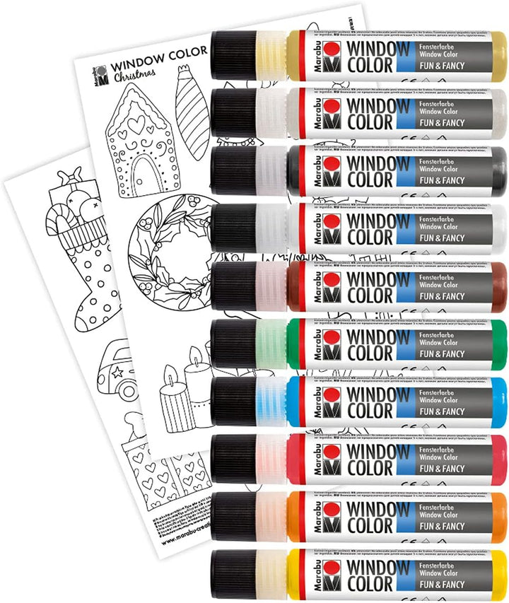 Marabu 0406000013894 - Window Color Christmas Set, 10 Fenstermal-Farben á 25 ml und eine Mal-Vorlage