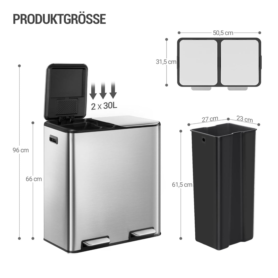 Hzuaneri Mülleimer Küche, Mülltrennsystem 2 Fächer 60 L (2 x 30 L), Edelstahl-küchenmülleimer, Tretm