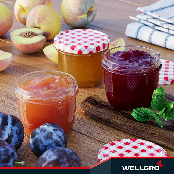 WELLGRO 50x Einmachgläser 230ml – Schraubdeckel TO82 rot kariert – Made in Germany – Vorratsgläser,