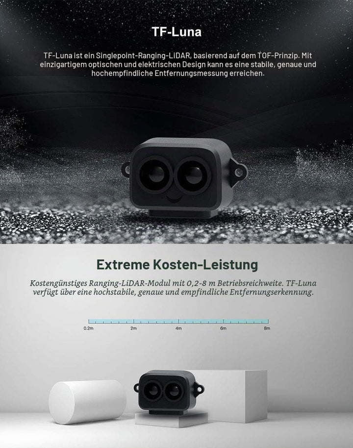 SmartFly Info TF-Luna Lidar-Sensor 0,1–8 m Kurzstreckenentfernung, Einpunkt-Rangefinder-Modul, UART/