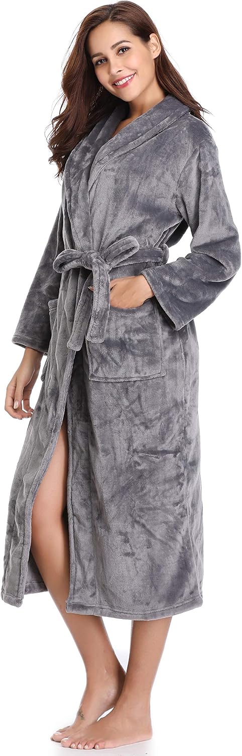 Vlazom Winter Bademantel weicher Flanell Bademantel Damen Saunamantel mit Kapuze Flauschiger Morgenm