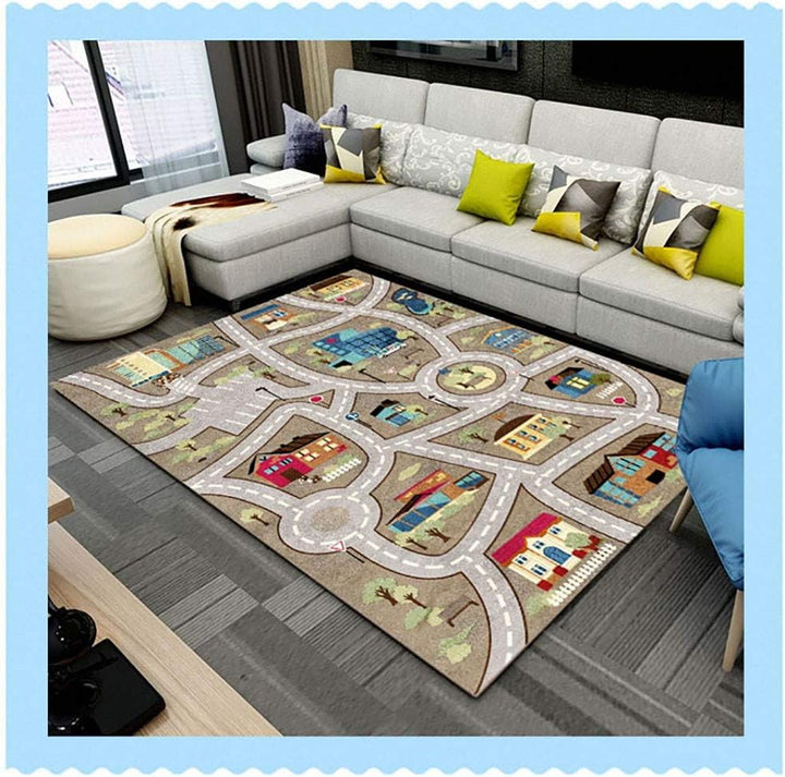 Kinderteppich Spielen Teppich Strasse Auto Tier Universum Blau Grün Grau(100×180cm,39×71inch) 100 *