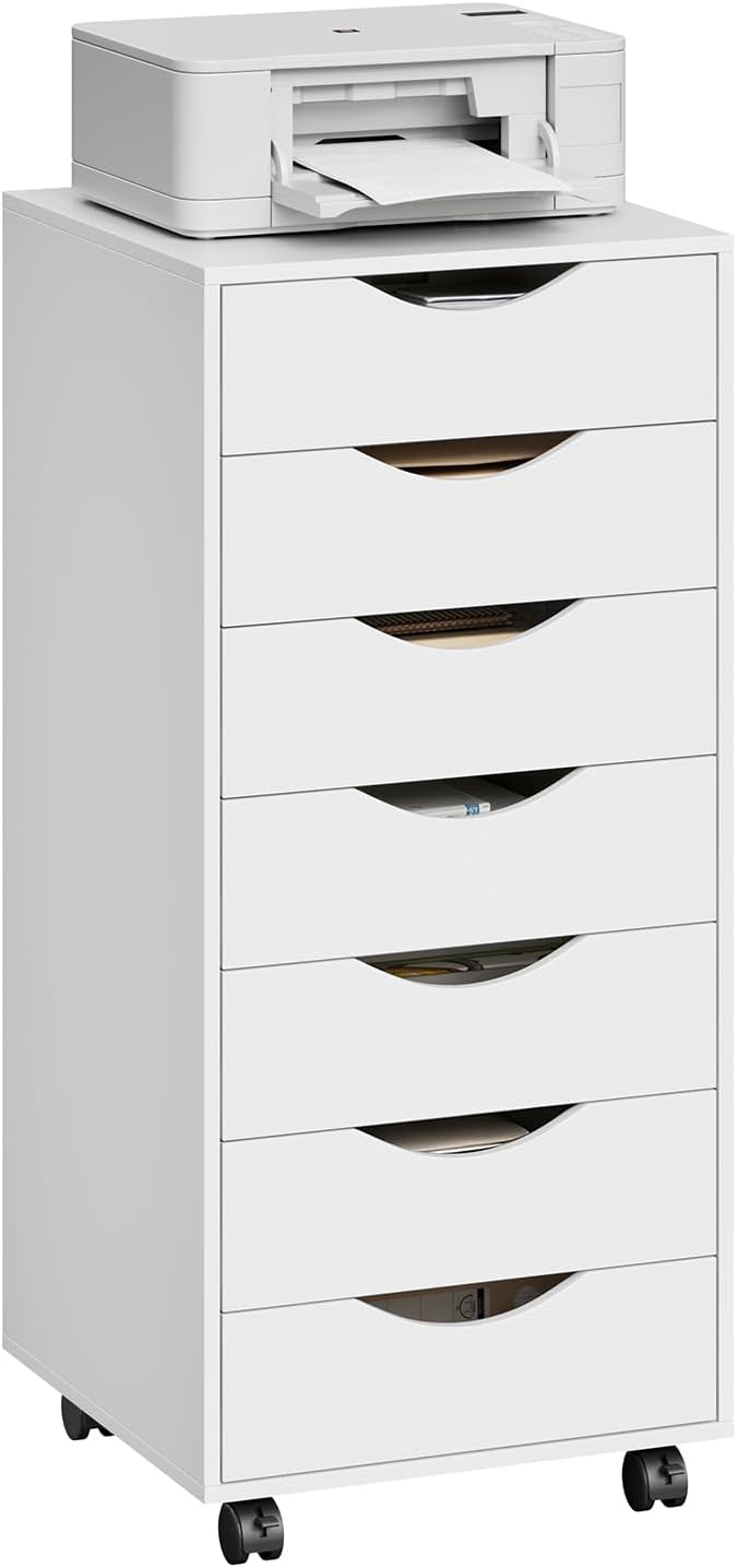 WOLTU Rollcontainer mit 7 Schubladen, mobiler Aktenschrank mit Rollen Weiss 7 Schubladen (90H cm), W