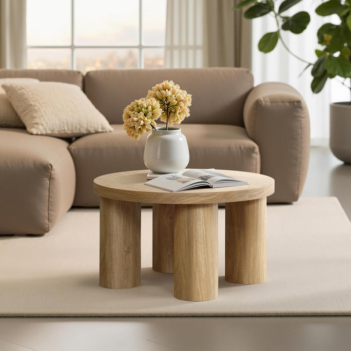 Hometopia Couchtisch Rund 70 cm aus Holz mit Säulenbeinen Eichenoptik Ø70 cm X H40 cm, Eichenoptik Ø