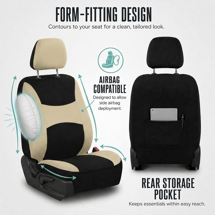 FH Group Automotive Sitzbezüge Beige Schwarz Universal Fit Sitzbezug Combo Set mit Lenkradbezug und