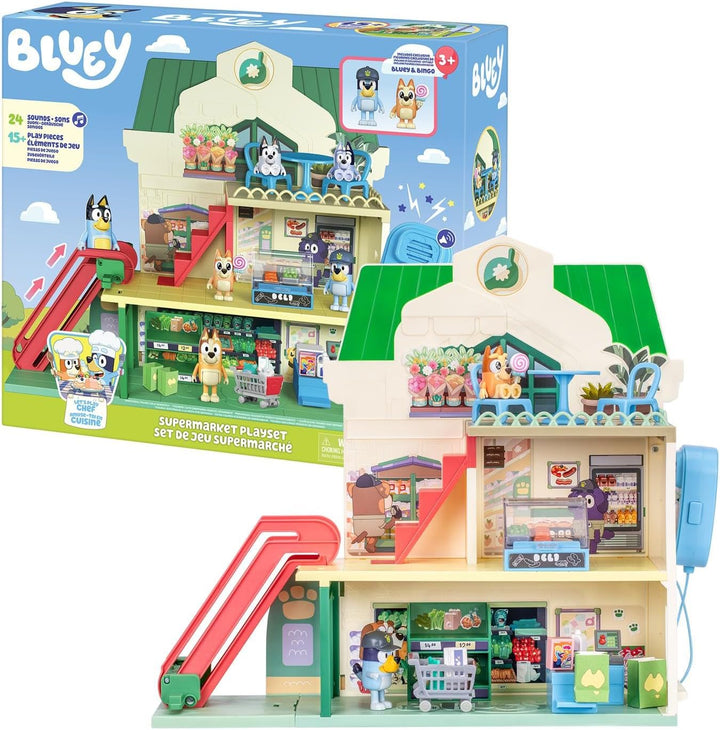 Rocco Giocattoli | Der Bluey Supermarkt - Playset mit 2 Actionfiguren, Zubehör und Aufklebern