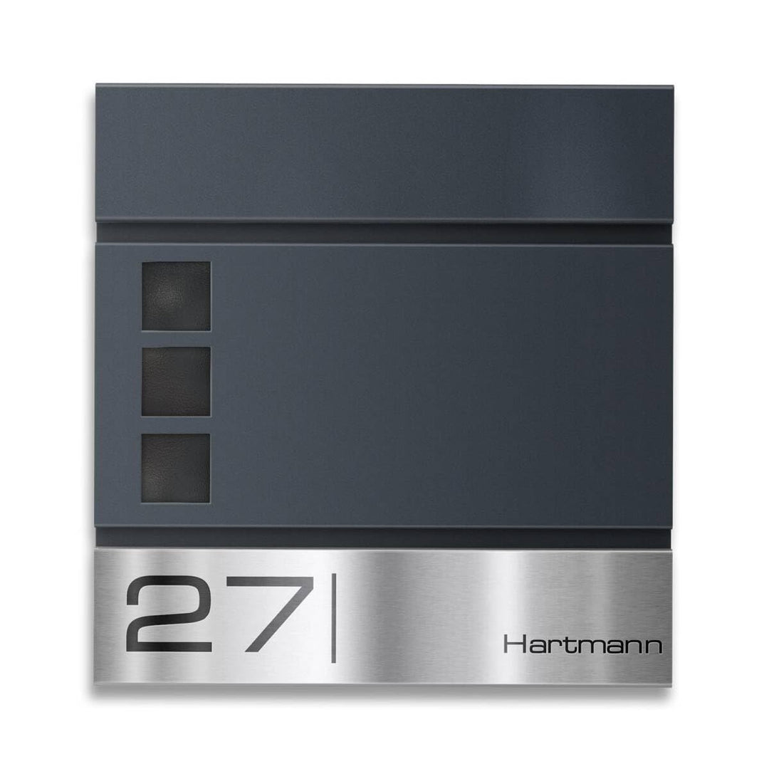 Metzler Briefkasten Anthrazit RAL 7016 Stahl mit Sichtfenster - Edelstahl Laser Gravur Namensschild