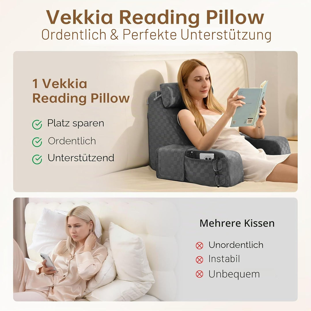 Vekkia 19" Lesekissen für Bett und Sofa, Lesekissen für Erwachsene Schwarz Grau 45° 48,3 cm, Schwarz