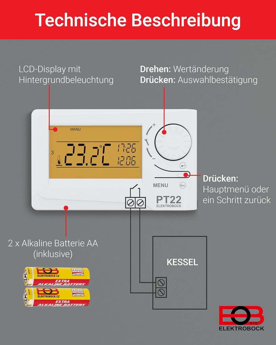 Elektrobock Digitaler Raumthermostat, PT22, 15,5x11x4 cm