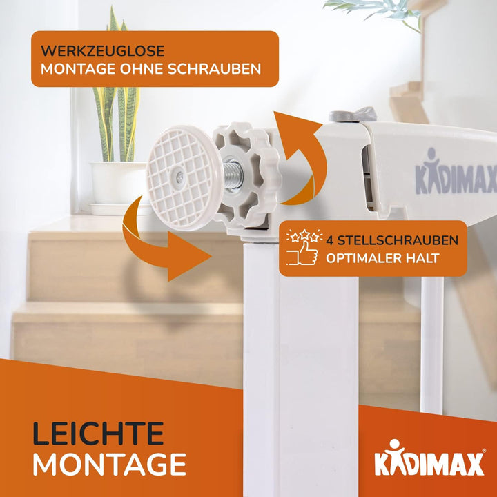KIDIMAX Treppenschutzgitter (Modell 2022) 75-84 cm, ohne Bohren, Türschutzgitter für Kinder, Hunde u
