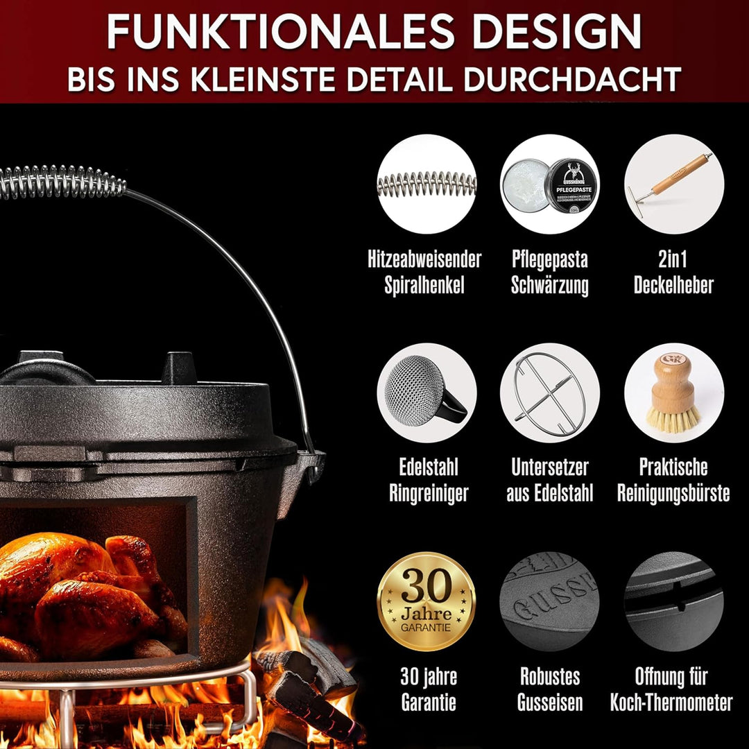 Dutch Oven Set–Eingebrannter Dutch Oven 4,5L–Feuertopf Gusseisen ohne Füss–Schmortopf Doppelfunktion