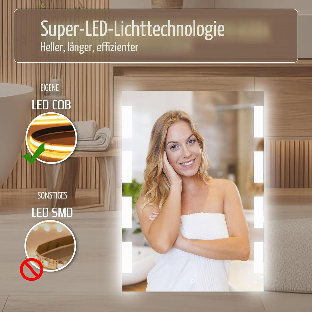 Venti Rechteckiger LED Badspiegel 50 × 70 cm, Seitlichen Leuchtmustern | LED Wandspiegel, Touchschal