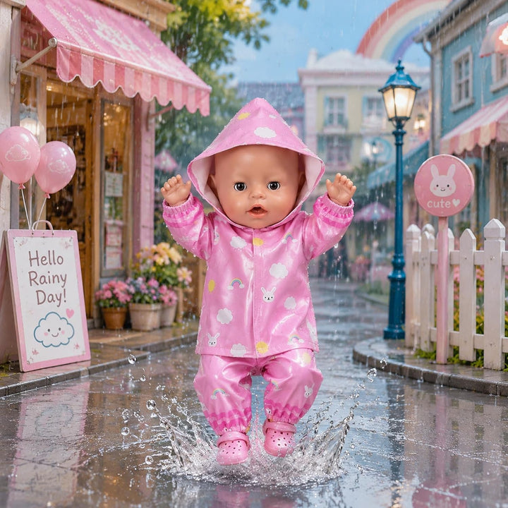 Puppenkleidung Regenanzug Set für 35-45 cm Puppen mit Schuhen Kleiderbügel