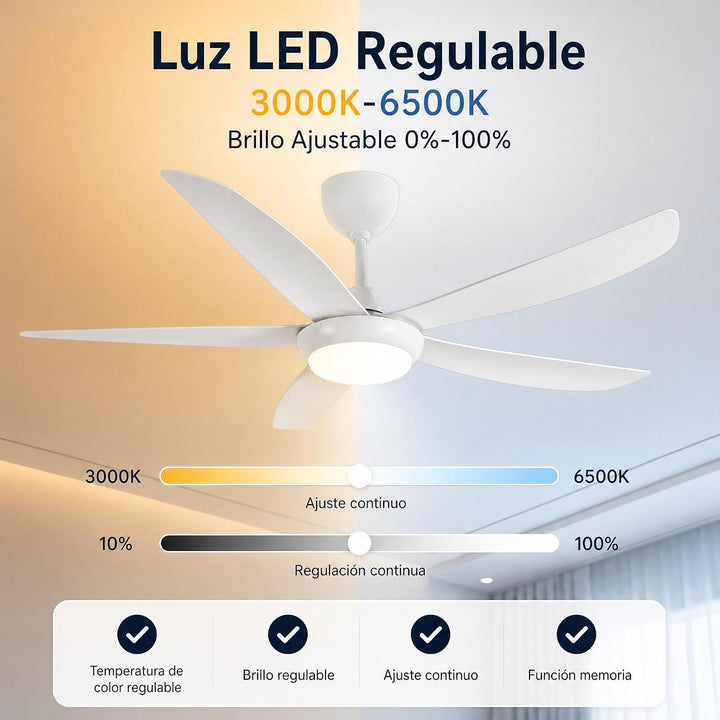 Woox Deckenventilator mit Licht, 137 cm, moderner Ventilator in Holzfarbe, dimmbare LED, 3000 K - 60