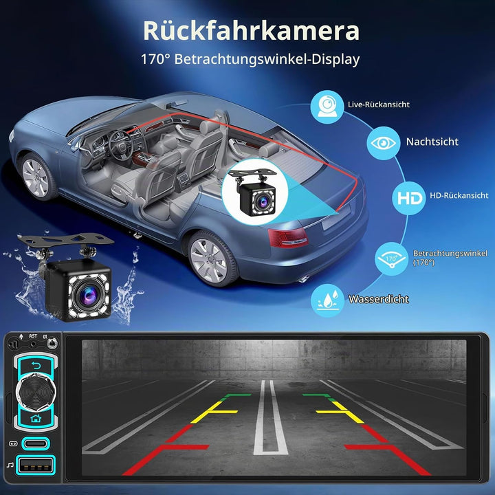 1 DIN Bluetooth Autoradio mit Bildschirm, Single DIN Auto Radio mit Wireless Apple CarPlay Android A