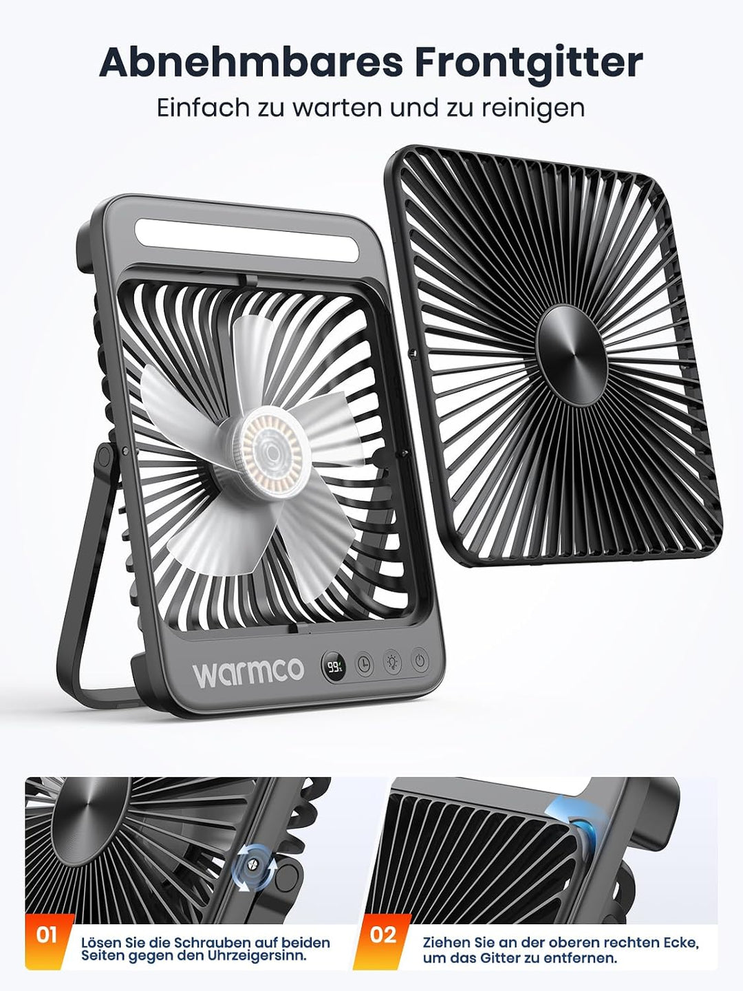 Warmco D4 Pro Camping Ventilator, 20000mAh 22.5W 27cm Ultra-Dünner Akku Ventilator mit LED-Licht, 15