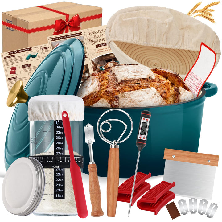 NZQXJXZ Gusseisen Topf Brot Backen, 26cm Emaille Schmortopf mit Deckel Brotbackform mit Banneton Bro