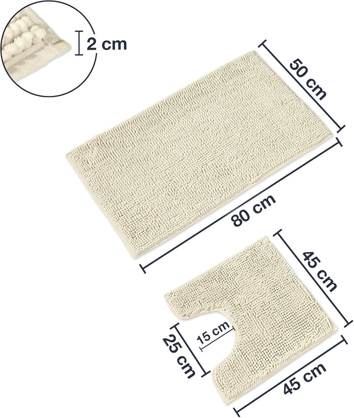 WohnDirect Badematten Set 2 teilig Creme • WC Vorleger (45x45cm), Badematte (50x80cm) • rutschfest w