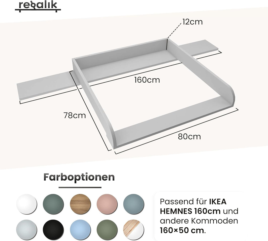 Wickelaufsatz mit Platte für Hemnes von IKEA, Wickeltischaufsatz für 50x160 cm Kommoden, Abnehmbar W