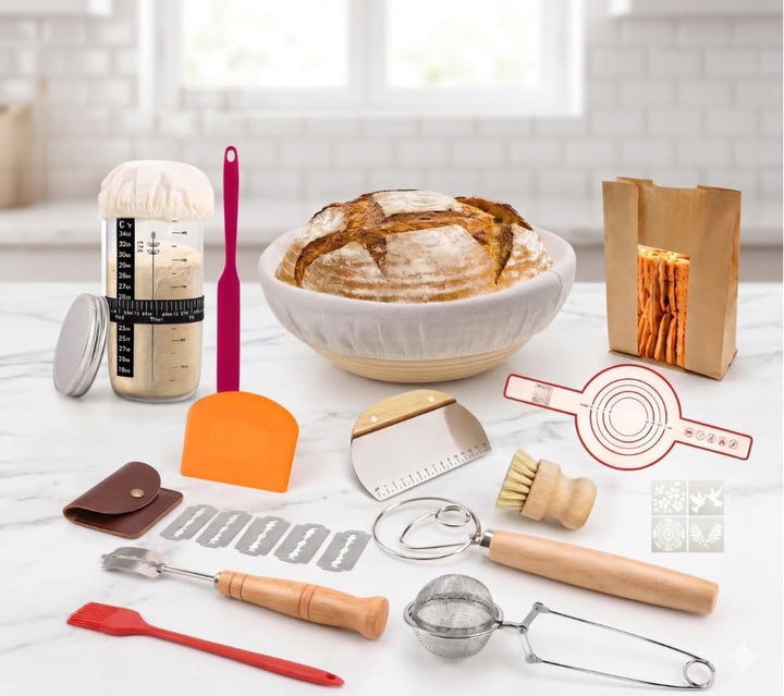 Sauerteig Starter Set 10-teilig – Gärkörbchen Gärkorb aus Rattan, 23cm Rund
