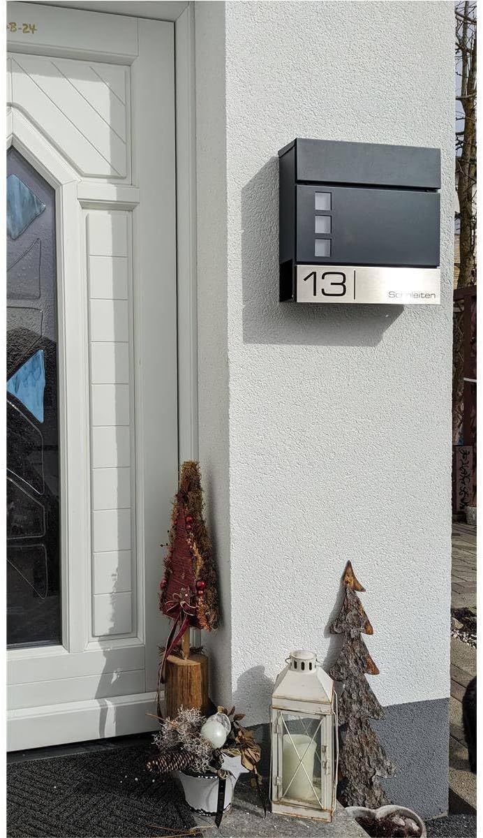 Metzler Briefkasten Anthrazit RAL 7016 Stahl mit Sichtfenster - Edelstahl Laser Gravur Namensschild