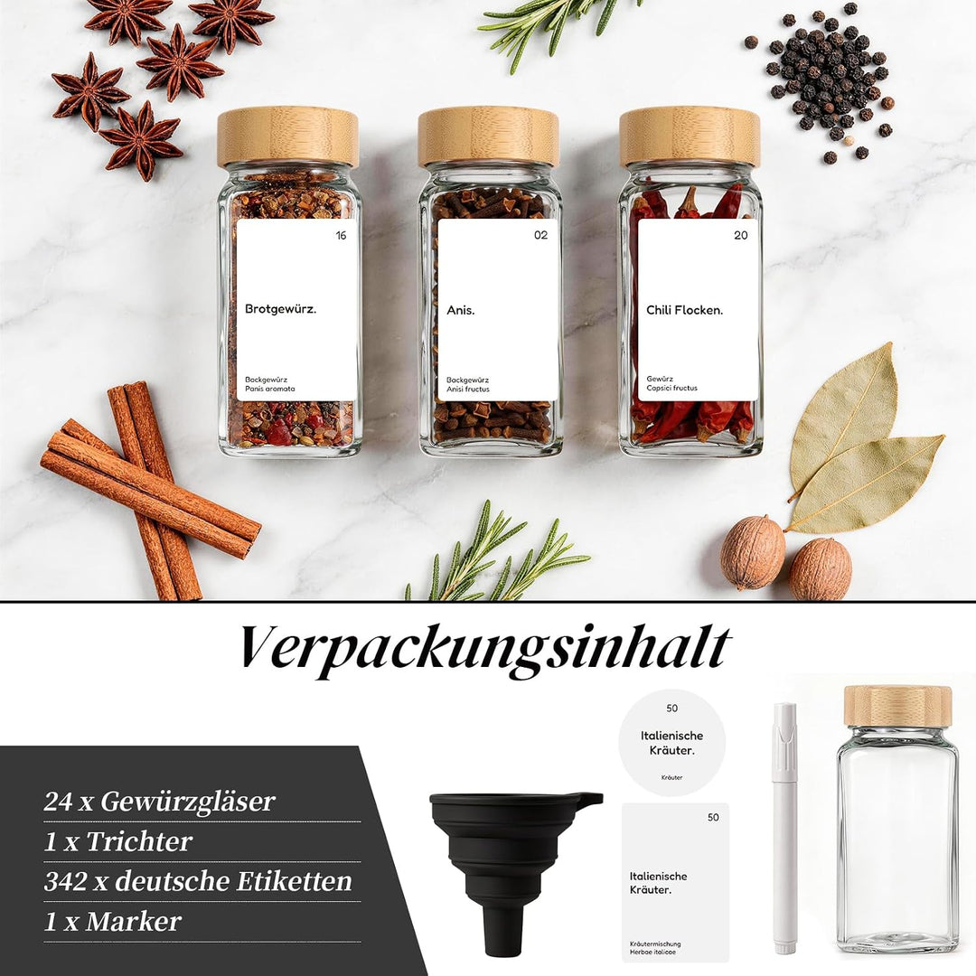 MHDCLY 24er Set Gewürzgläser Eckig mit Bambusdeckel (120ml) - Luftdichte Spice Jars &amp; Gewürzstreuer