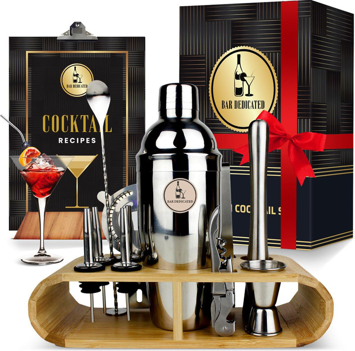 Cocktail Shaker Set 16-teilig – Barkeeper Set mit 750ml Edelstahl Shaker, Bambusständer, Rezeptheft,