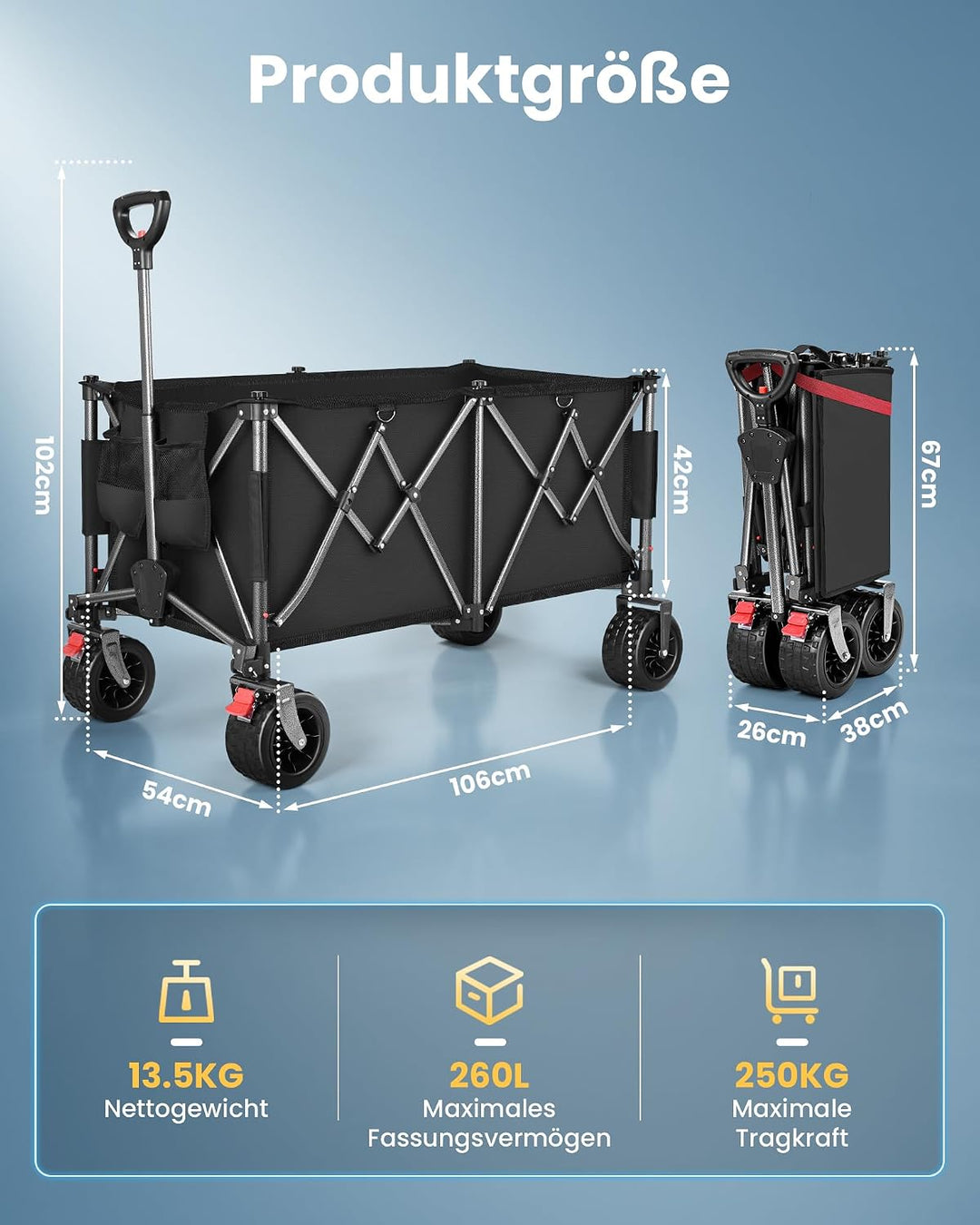 YEAUPE PRO Bollerwagen Faltbar, 260L 250KG Handwagen mit Bremsen Belastbar, Extra Breite 17x10 cm Re