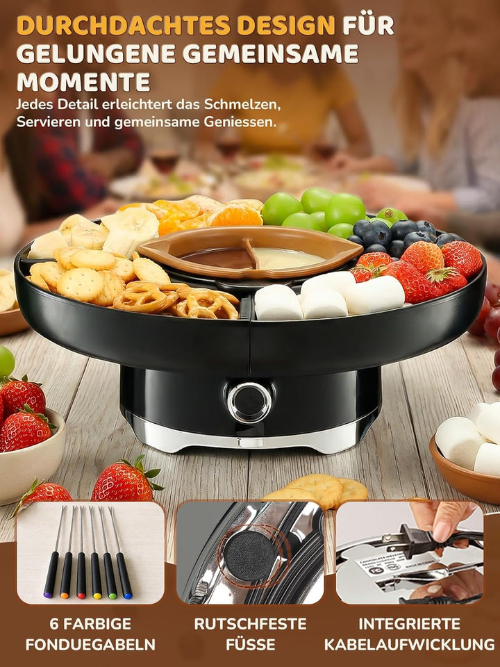 LUSHYUM Elektrisches Schokofondue-Set, 800ml Kapazität, grösserer Drehteller Schwarz – Gross, Schwar