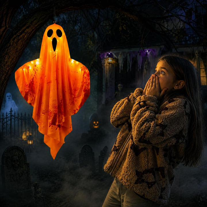 Idota 4er Set Halloween Deko Gespenster in Orange mit LED Lichtern 50cm