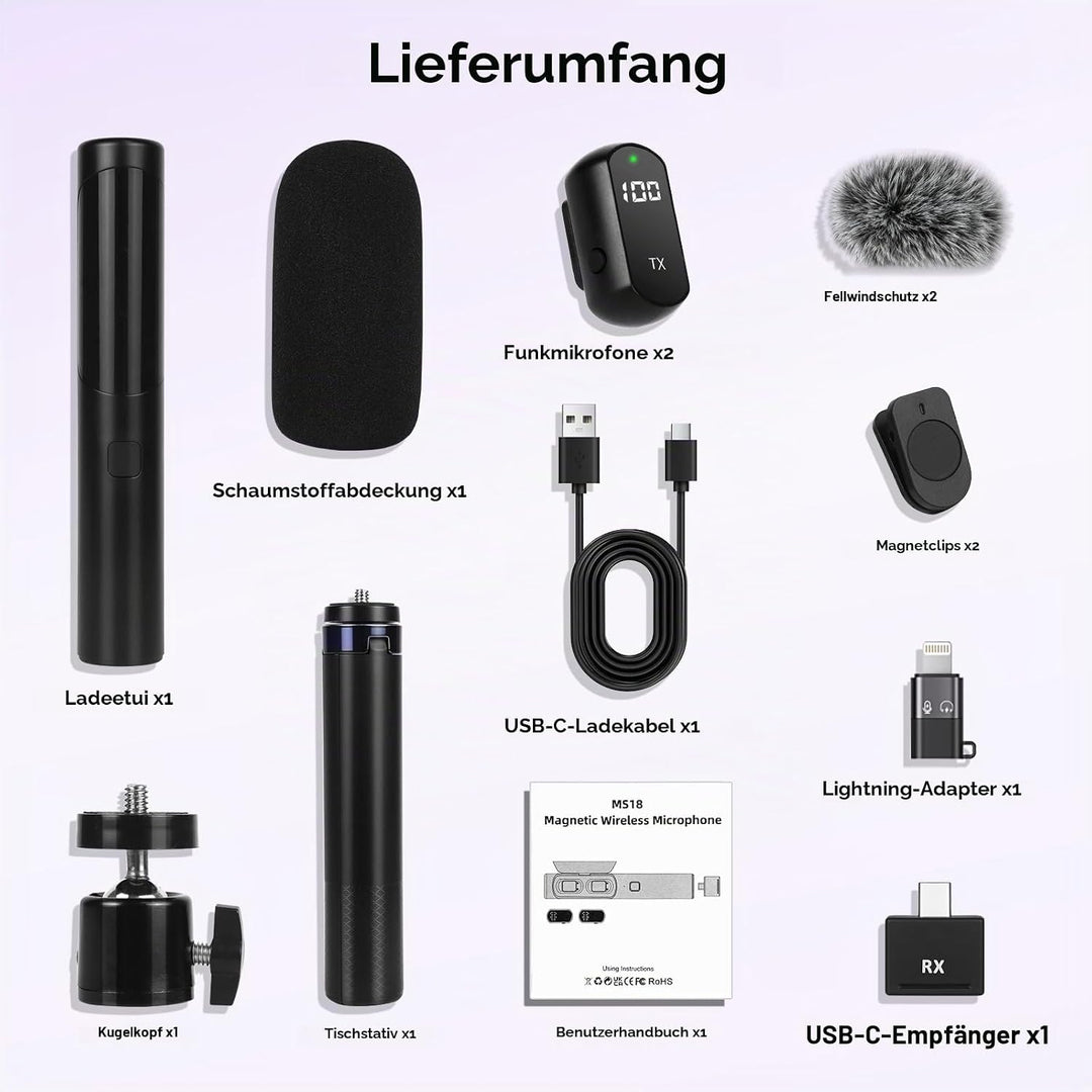 4 in-1 Lavalier-Mikrofon für iPhone, iPad, Android, Interview Mikrofon mit Handystativ,Auto-Pairing