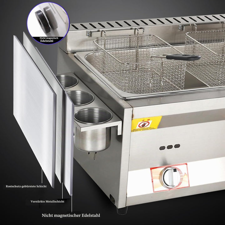 Kommerzielle Arbeitsplatte Gas Fritteuse Doppeltanks mit 2 Korb und Deckel, Edelstahl LPG Friteuse,