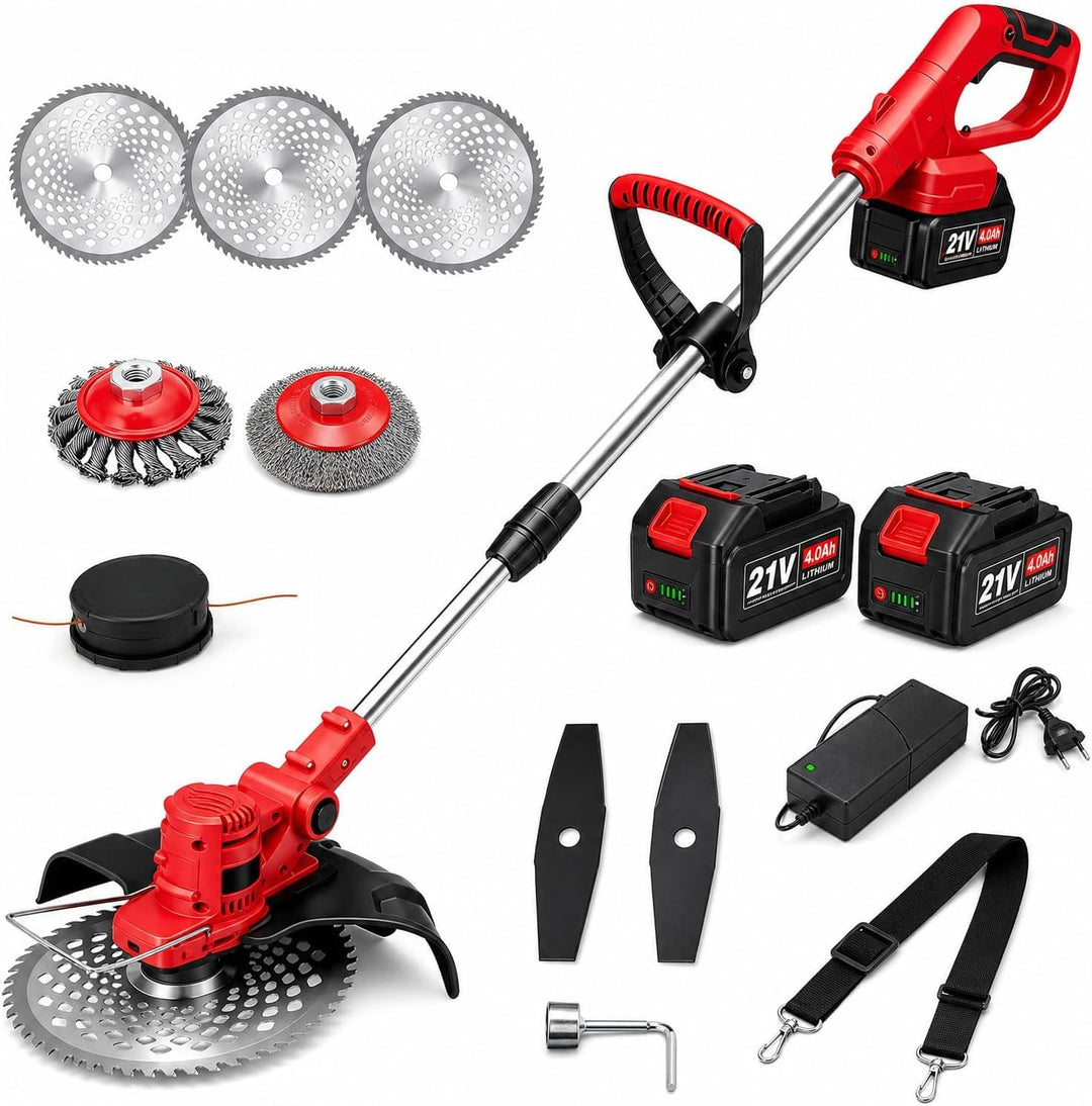Akku Rasentrimmer mit Unkrautbürste, 21V 4,0Ah 4-in-1, Rot, Rot