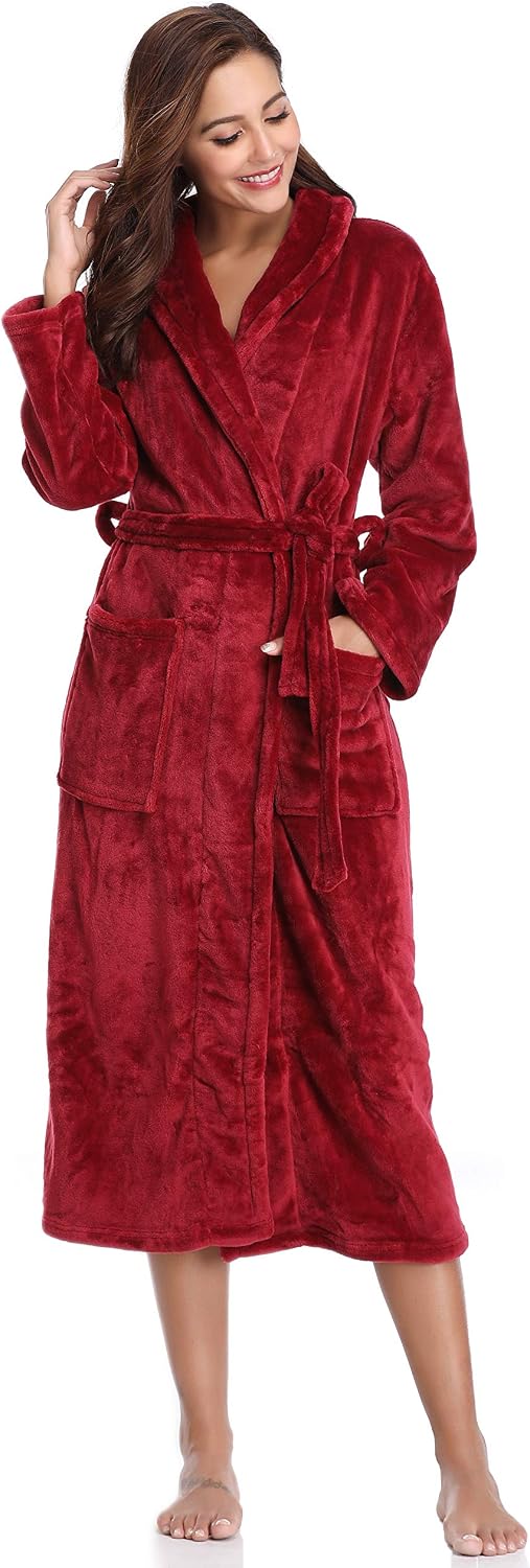 Vlazom Winter Bademantel weicher Flanell Bademantel Damen Saunamantel mit Kapuze Flauschiger Morgenm