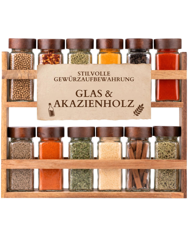 BRICARD Gewürzgläser Set 13-tlg., 12 x 120 ml, Holzdeckel, Akazienholzregal
