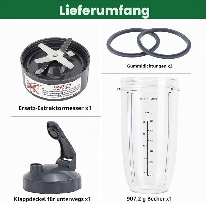 5 Stück Mixer-Ersatzteile Extraktorklinge und 900 ml Becher für NutriBullet 600 W und 900 W Serie, i
