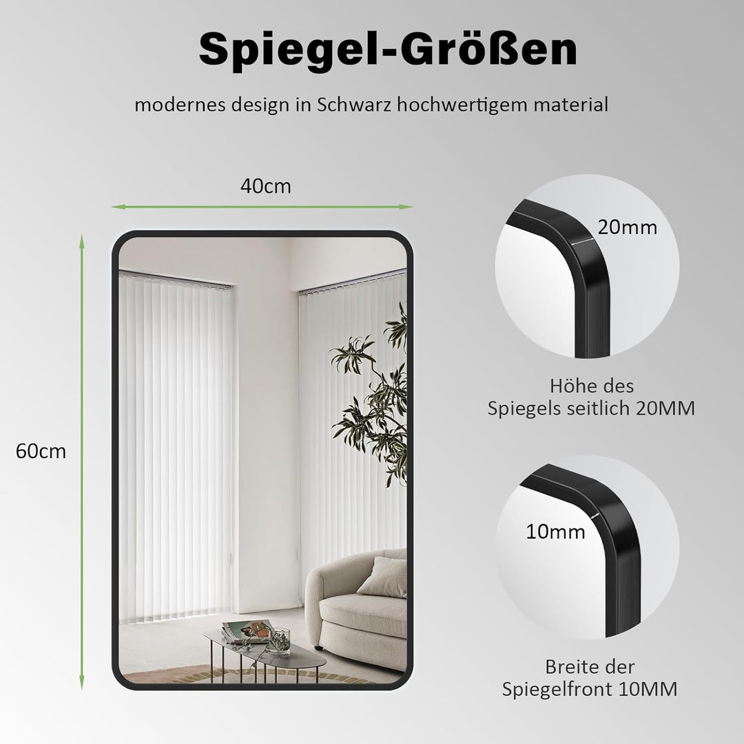 Spiegel Schwarz 40x60 cm Rechteckiger Wandspiegel Abgerundete Ecken Wandmontage Edelstahl Kosmetiksp