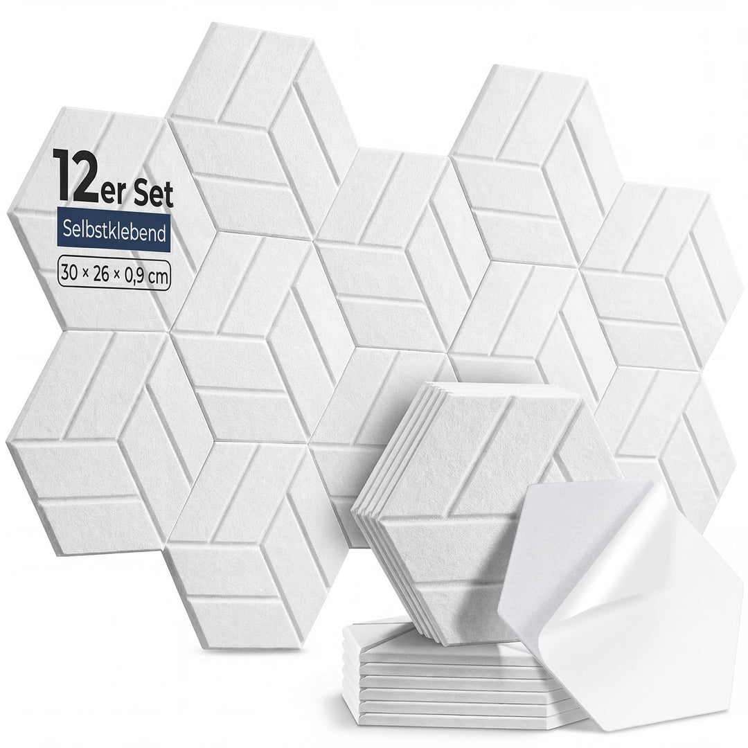 12 Stück Hexagon Akustikplatten Selbstklebend, 30 x 26 x 0,9 cm Hohe Dichte schallabsorber wand, Sch