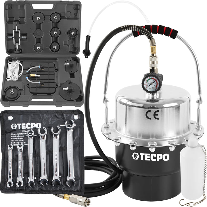 TECPO Bremsenentlüftungsgerät 5 Liter Druckluft Bremsenentlüfter Entlüftungsgerät KFZ Adapter 17-tei