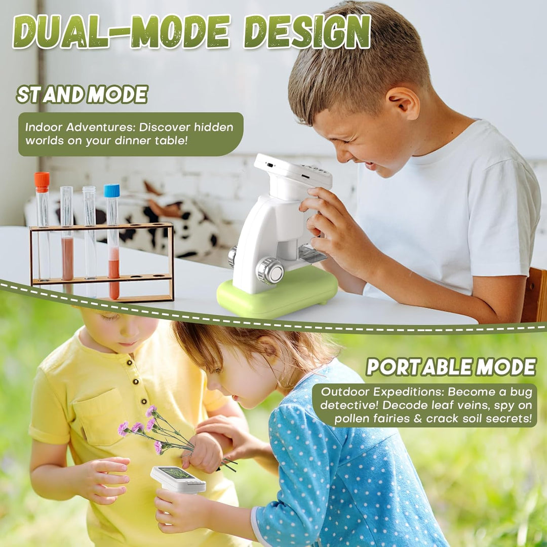 Bostar Mikroskop für Kinder 120-1200X mit Ständer/38 Sammelkarten/5 Folien, 2-in-1 2,0" IPS Bildschi
