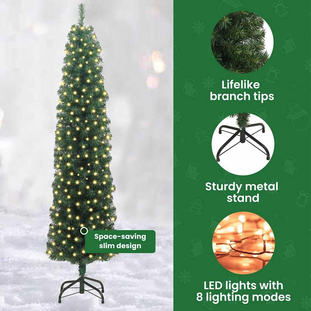 vidaXL Schlanker Weihnachtsbaum mit 300 LEDs Grün 210 cm, Gr&amp;