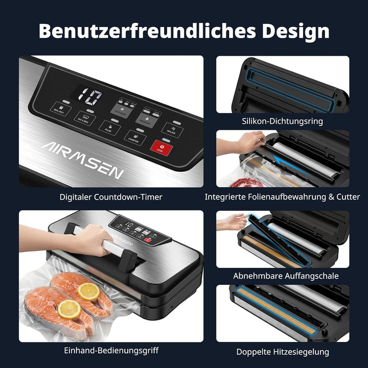 AIRMSEN 95 kPa Vakuumiergerät mit Aufblasfunktion Schwarz &amp; Silber, Schwarz &amp; Silber
