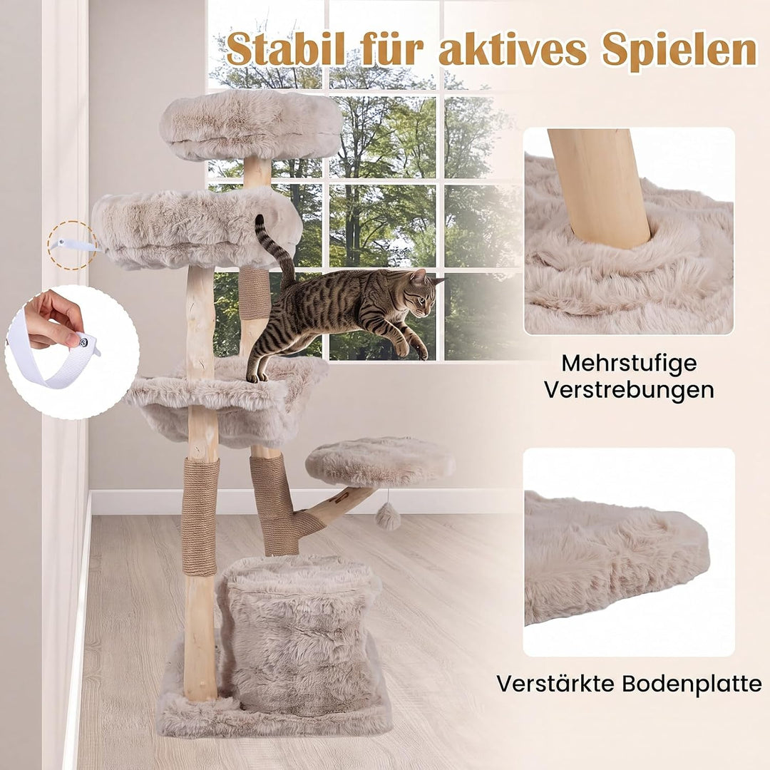 COSTWAY Kratzbaum Holz, 147 cm hoch, Katzenbaum mit Katzenhöhle, Beige