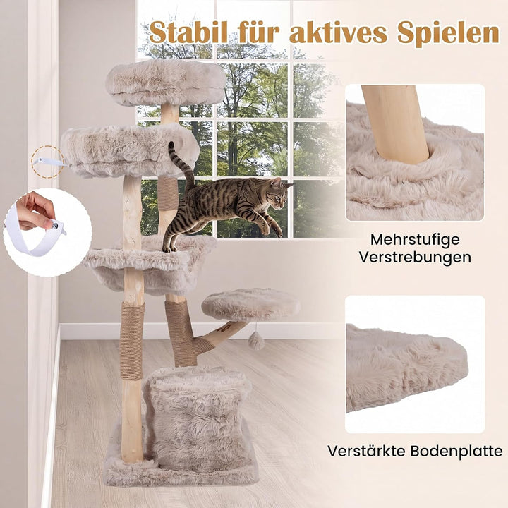 COSTWAY Kratzbaum Holz, 147 cm hoch, Katzenbaum mit Katzenhöhle, Beige