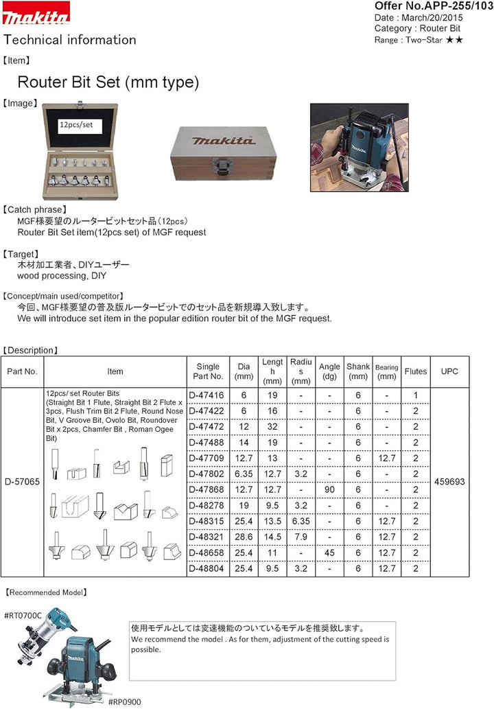 MAKITA D-57065 Holzfräser mit Schaft, 6 mm, 12 Stück