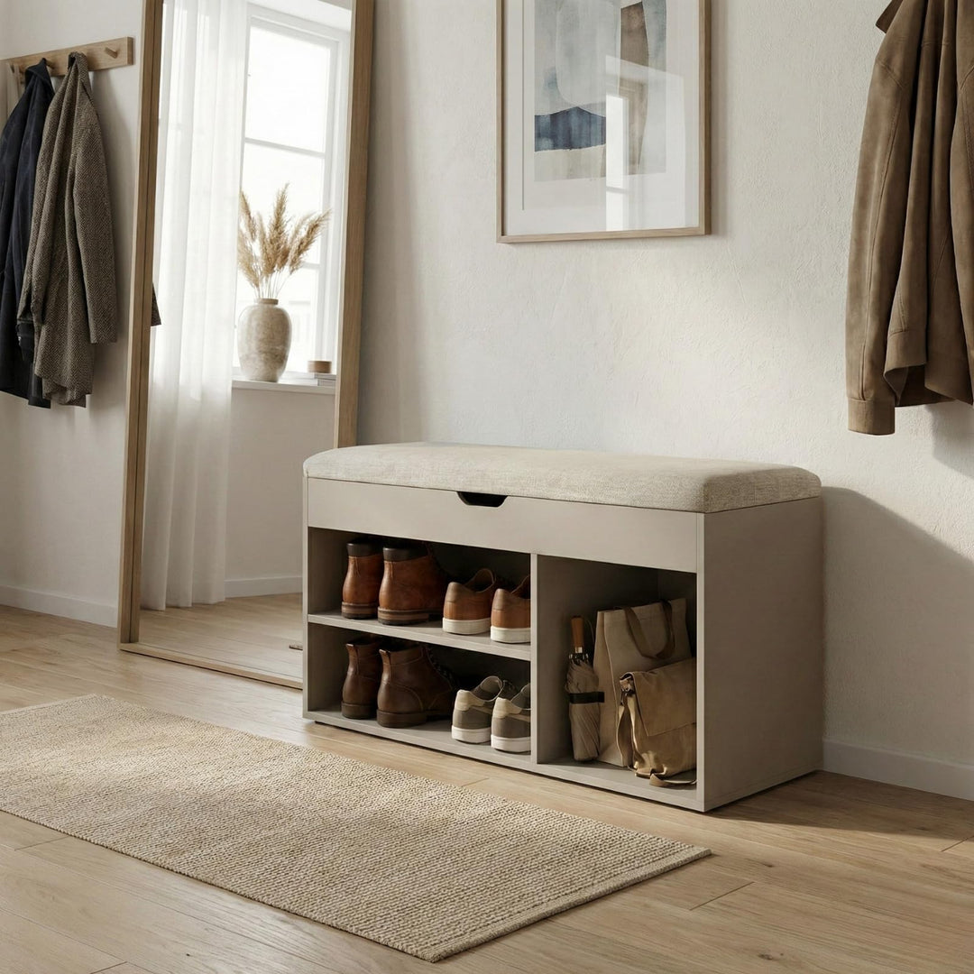 BOXIMO TRIA Schuhschrank mit Sitzbank, MDF und Polyester, 80 x 43 x 30 cm (Beige), Beige